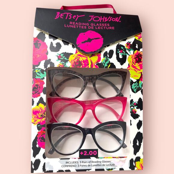 Betsey Johnson +2.00 Reading Glasses Readers 3 Pack Set Pink Black Thick Cat Eye - Picture 1 of 12